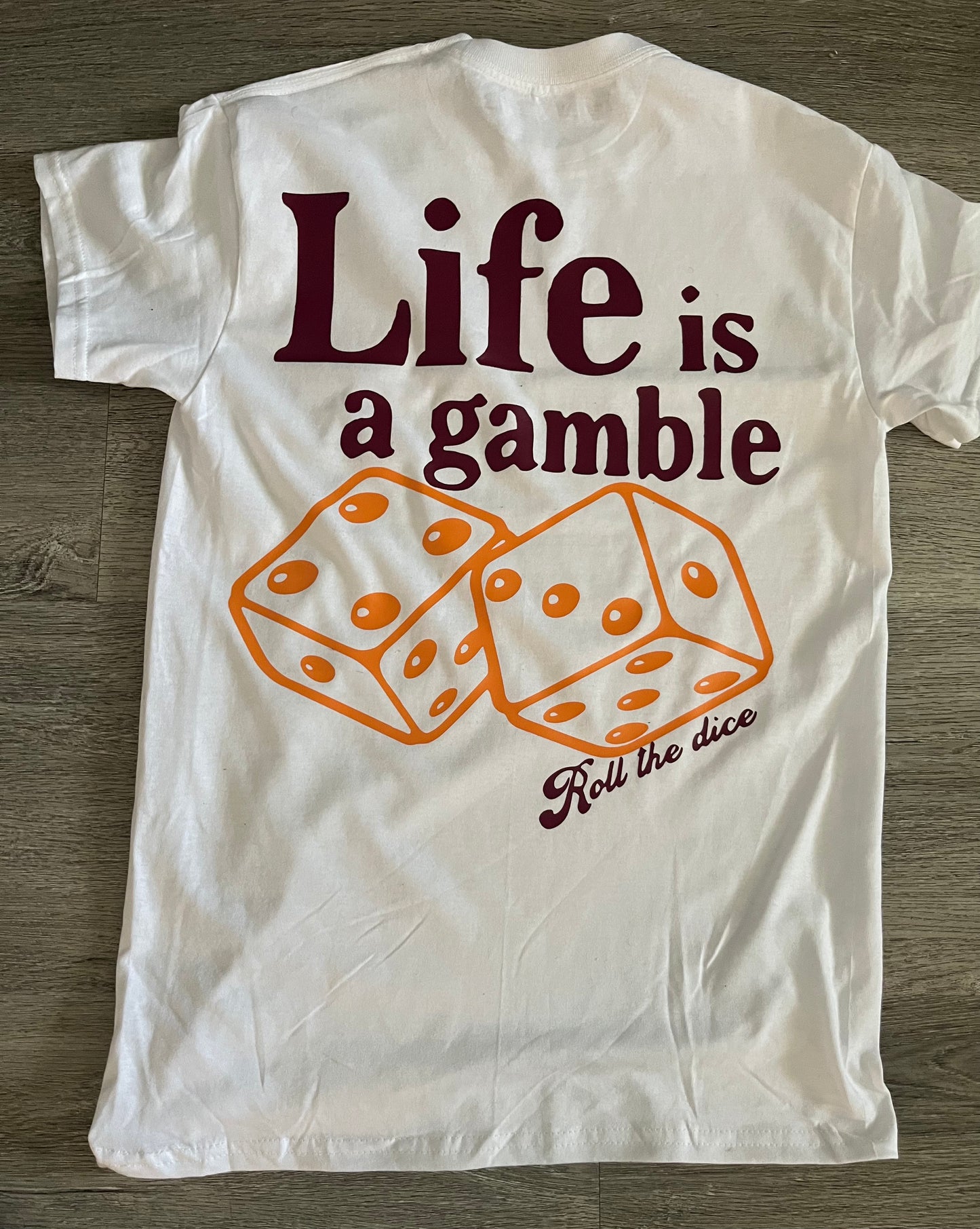 White/Maroon/Gold Yellow “life is a gamble” T-shirt