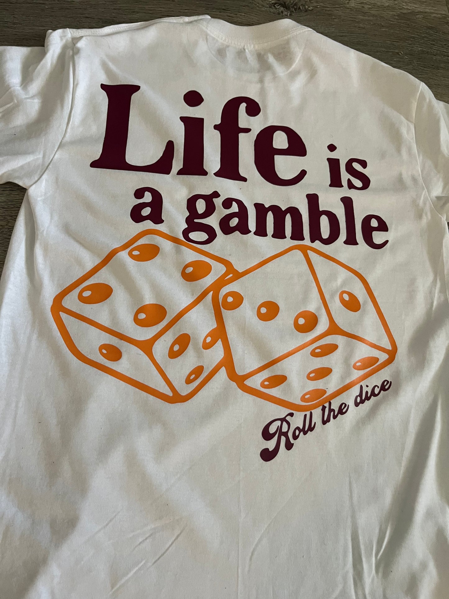 White/Maroon/Gold Yellow “life is a gamble” T-shirt