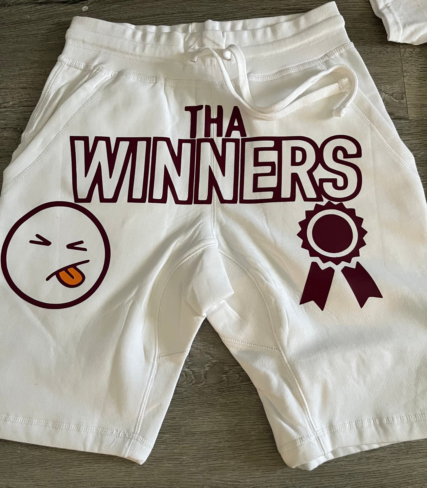 White/maroon/Gold yellow “Born winners” Shorts