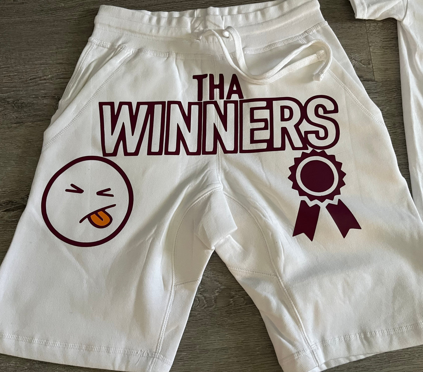 White/maroon/Gold yellow “Born winners” Shorts