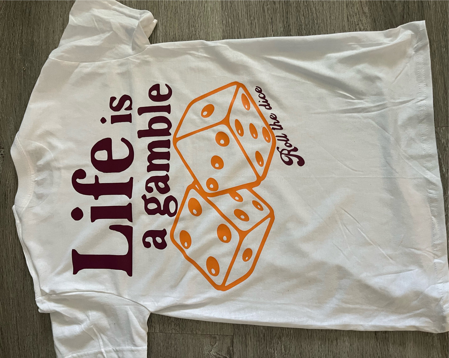 White/Maroon/Gold Yellow “life is a gamble” T-shirt