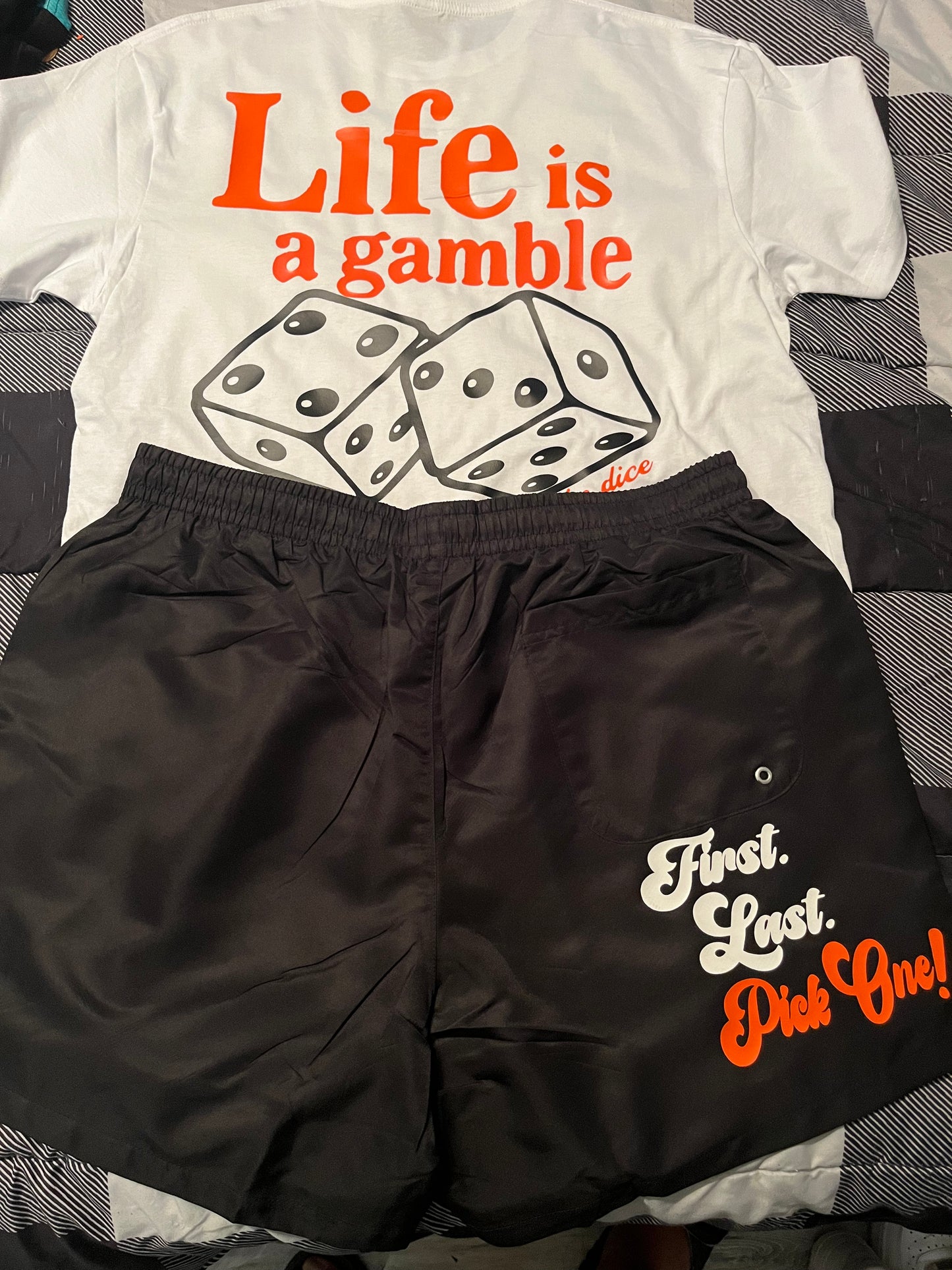 White & Blk/ Orange“Life is a gamble” short set