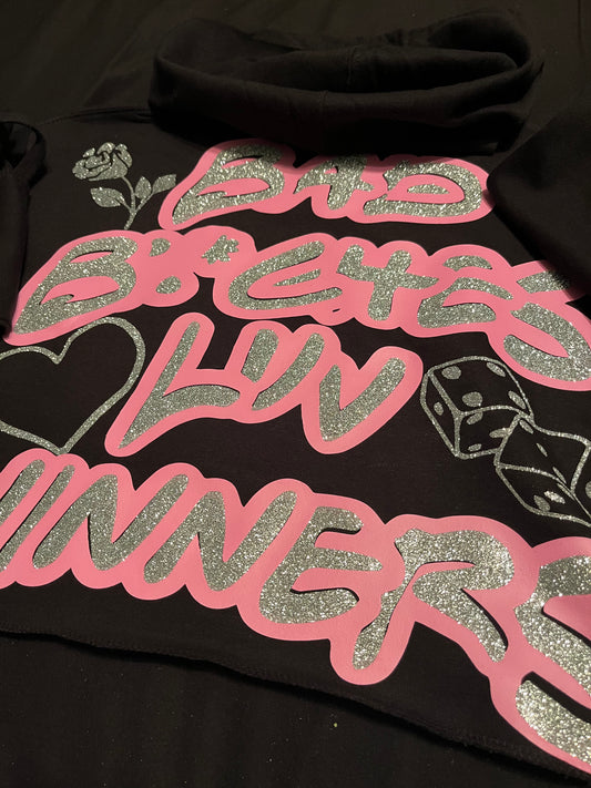 Blk/Pink & Silver “BBLW” Crop Top Hoodie