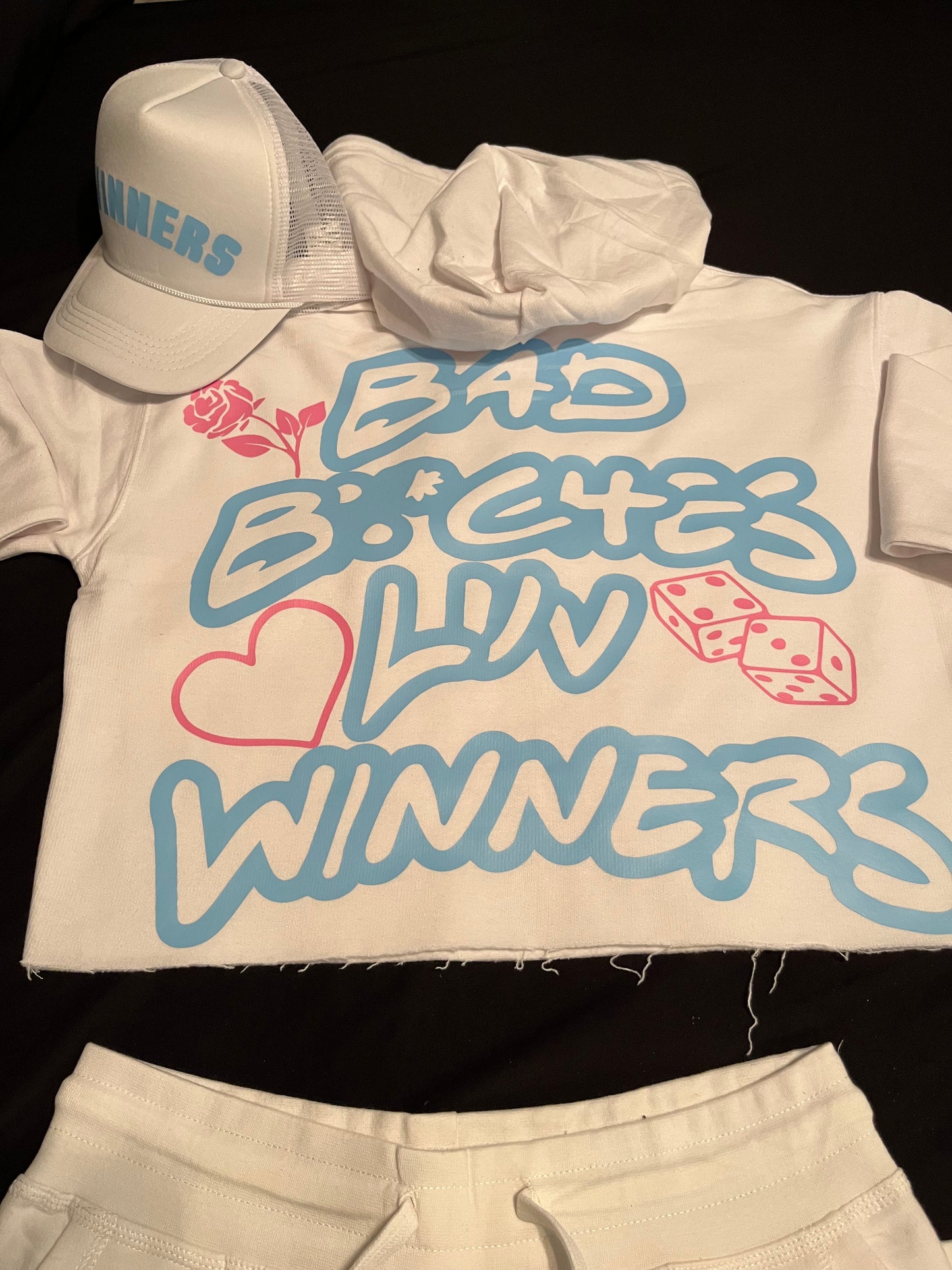 White/Sky Blue & Pink “BBLW” Crop Tops hoodie