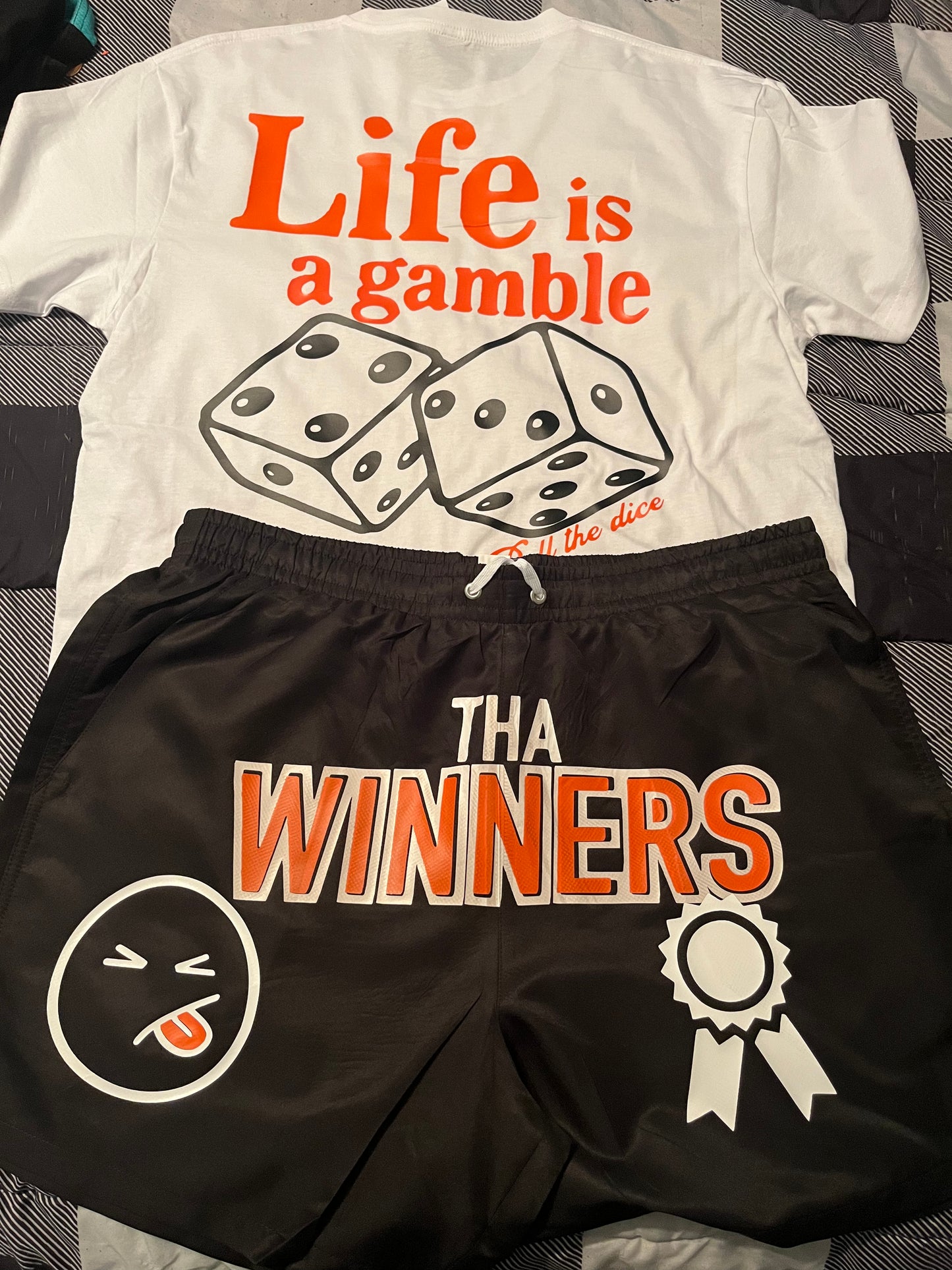 White & Blk/ Orange“Life is a gamble” short set