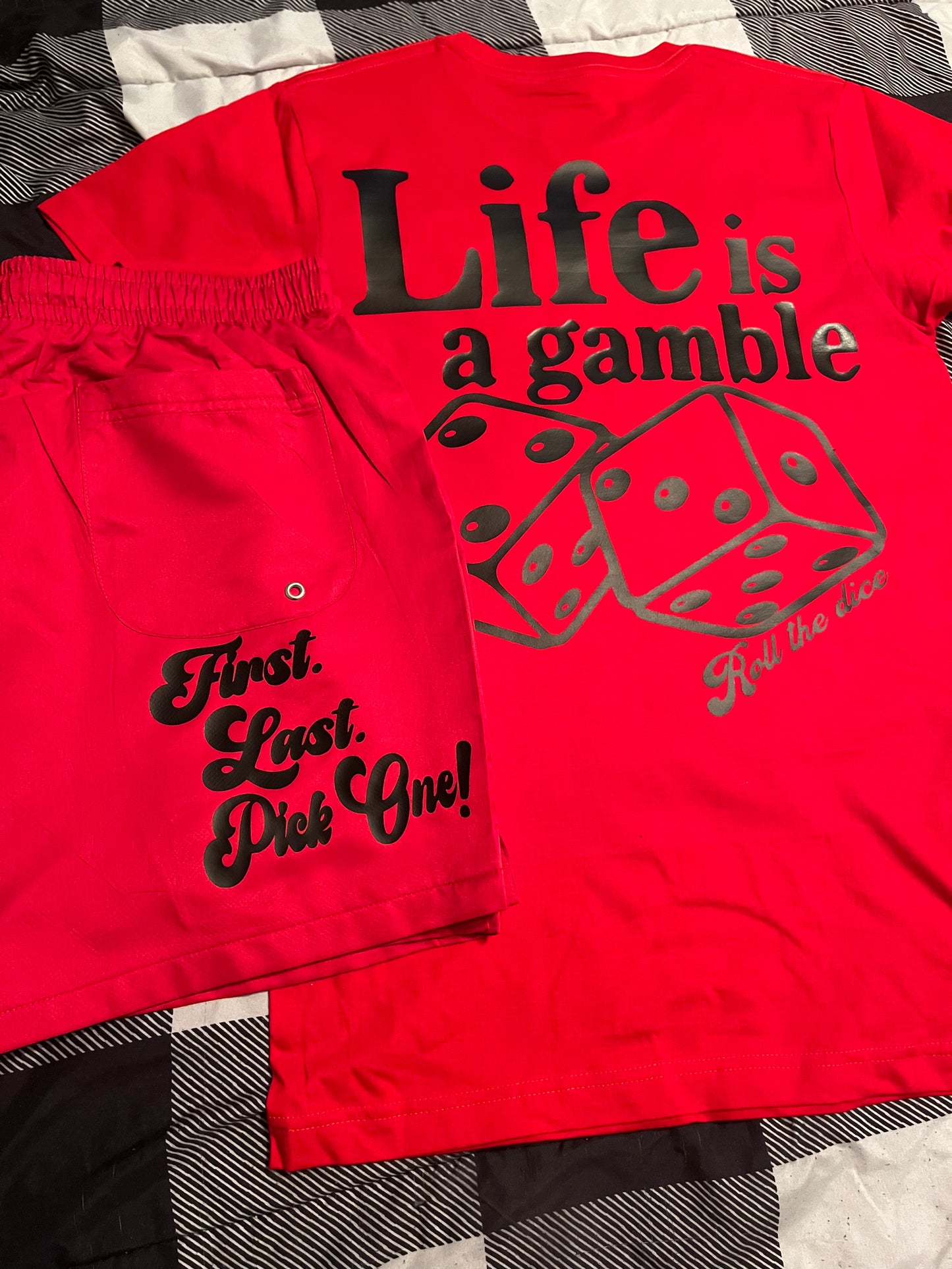 Red & Blk “Life is a gamble” short set