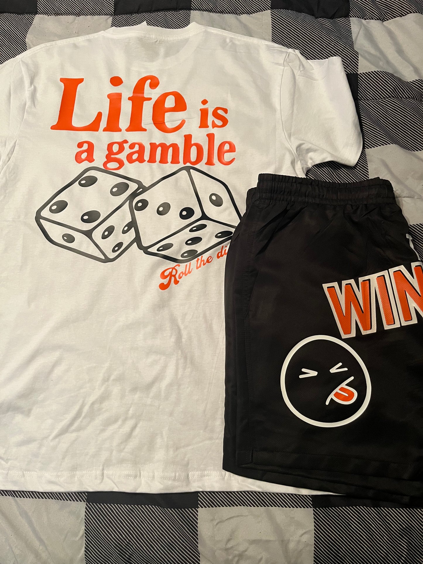 White & Blk/ Orange“Life is a gamble” short set